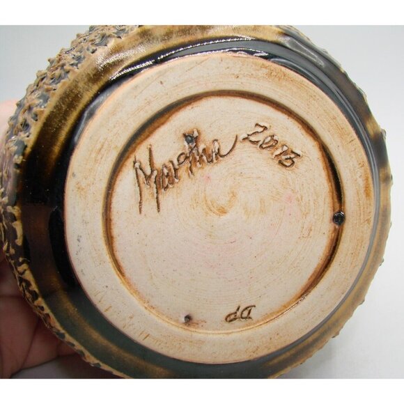 Handmade Artist Signed Pottery Bowl Planter Pot Jar Carved Cactus Decor Browns - Picture 6 of 12